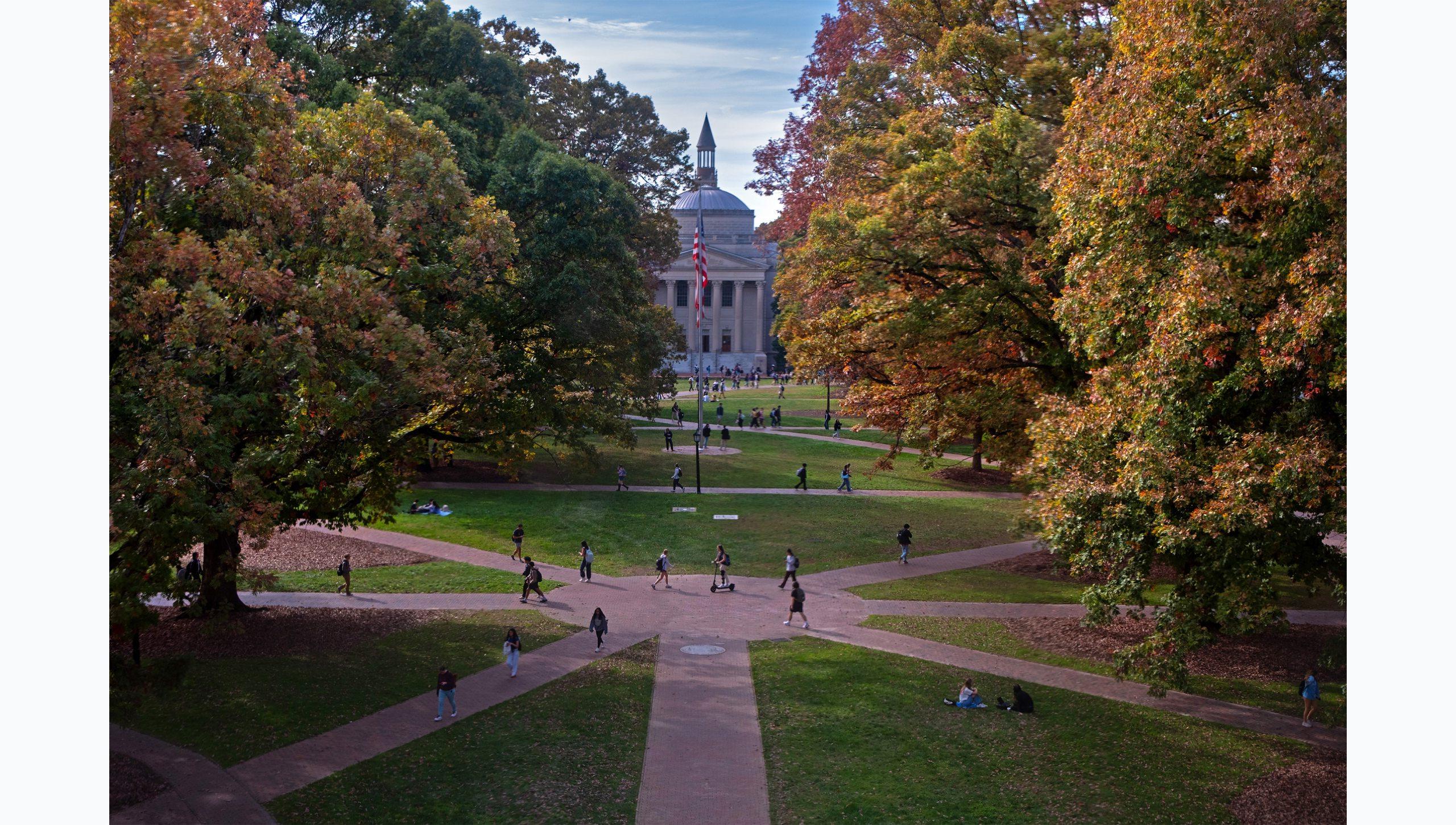 Aerial image of Polk Place, also know as the quad, on the campus of UNC-Chapel Hill on a fall day.